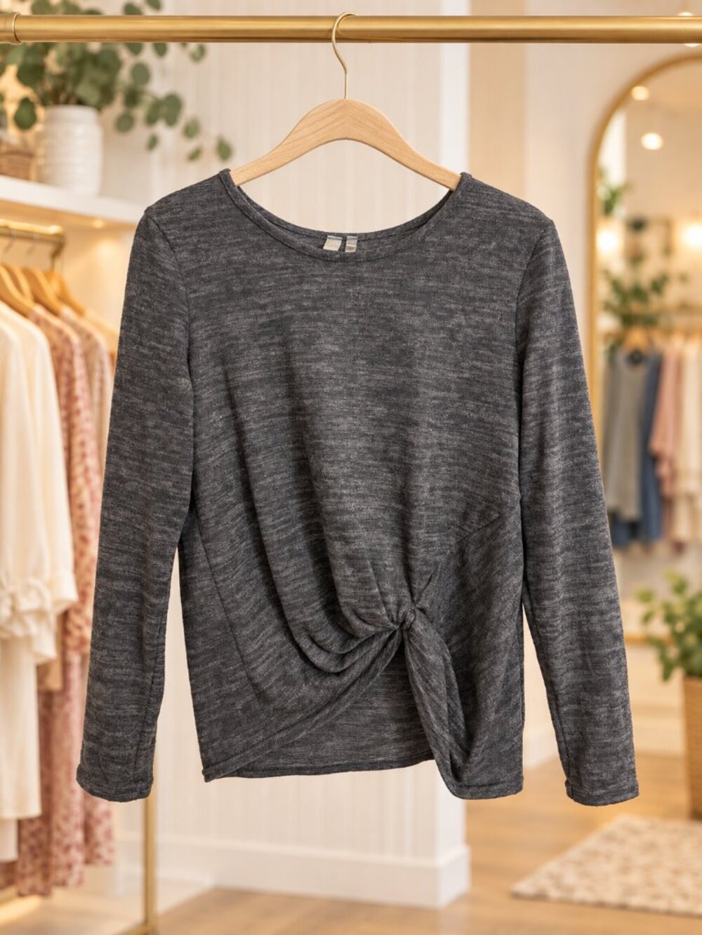 Silverwear Heather Gray Front Knot Long Sleeve Top Petite M Made in USA